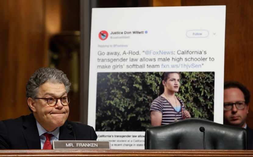Senate Judiciary Committee member Al Franken, D-Minn., paused Wednesday as he questioned Don...