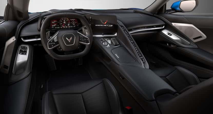 The interior of the 2020 Chevrolet Corvette C8 Stingray. Note the large screens and long...