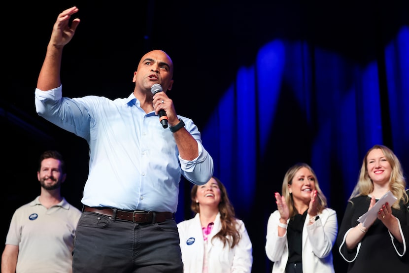 Senate candidate Colin Allred speaks alongside women's reproductive rights activists during...