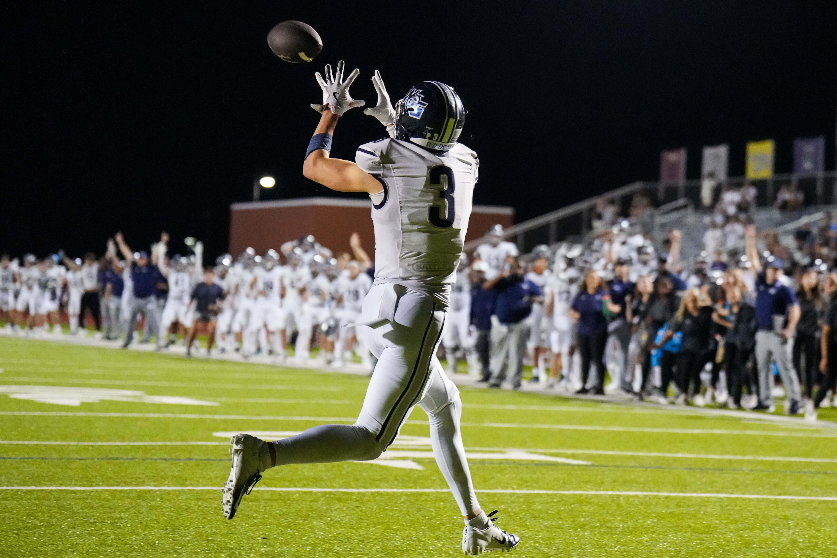 Prosper Walnut Grove wide receiver Luke Watkins (3) catches a pass for a game-winning two...