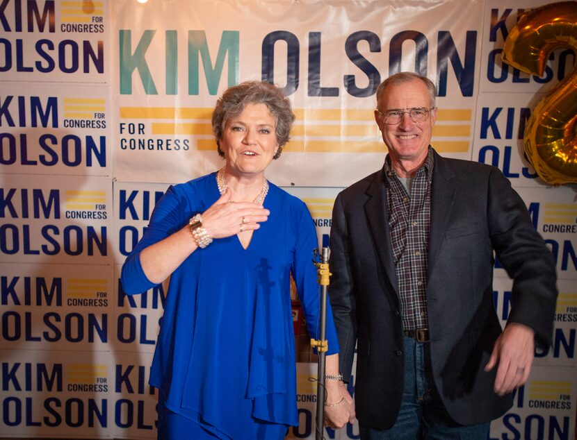 At her watch party at Boomer Jack’s in Bedford, Texas Kim Olson with husband Kent Olson...