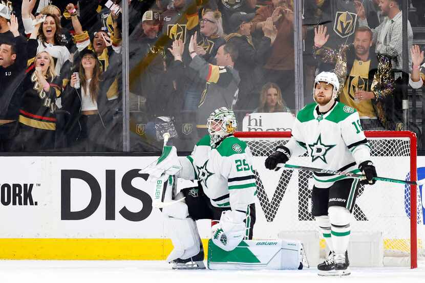 Dallas Stars goaltender Jake Oettinger (29) reacts after being scored on by the Vegas Golden...