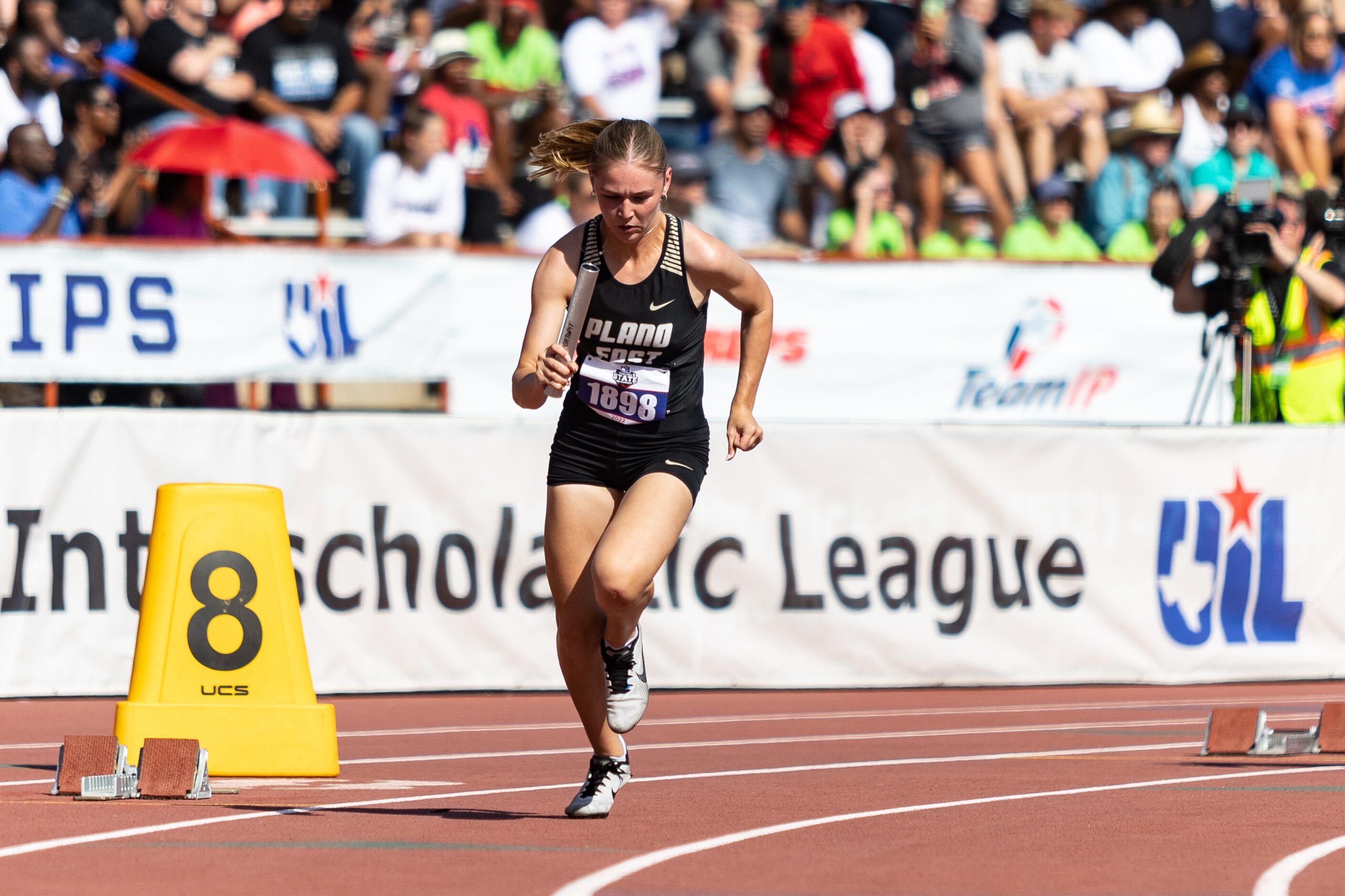 Kaylee Moody leads off Plano East’s girls' 4x100-meter relay at the UIL Track & Field State...