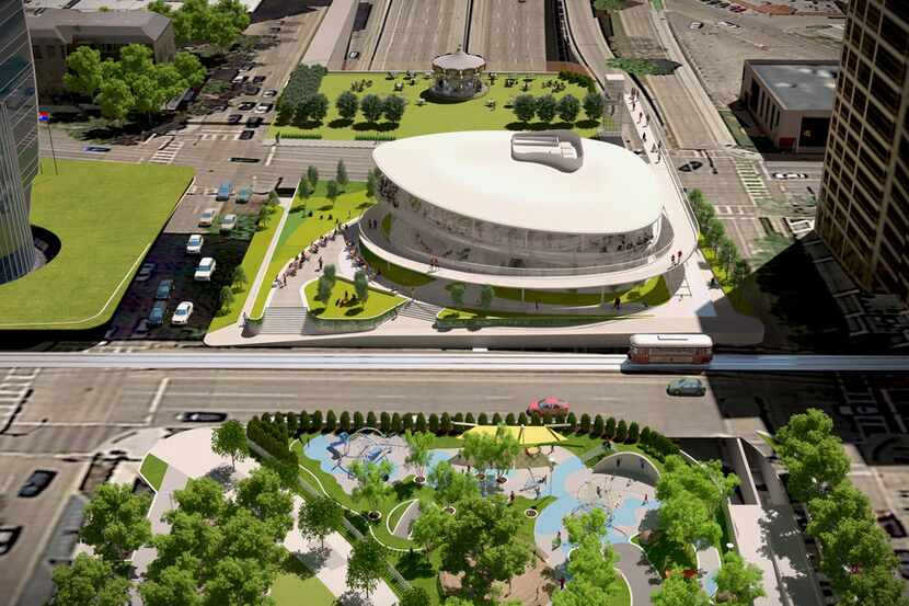 Renderings show the planned expansion of Klyde Warren Park in Dallas, including a building...