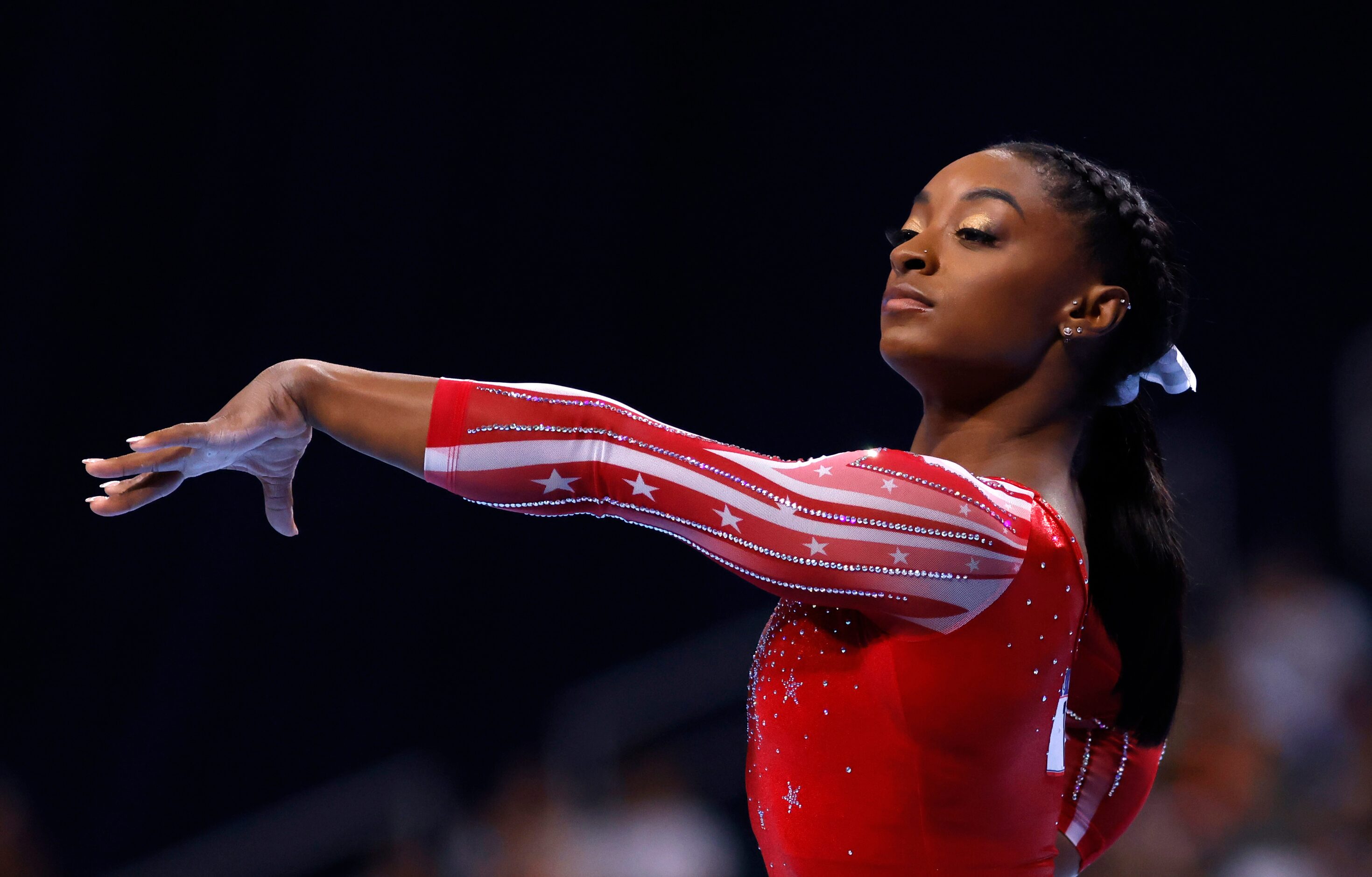 Simone Biles during her floor routine during day 2 of the women's 2021 U.S. Olympic Trials...