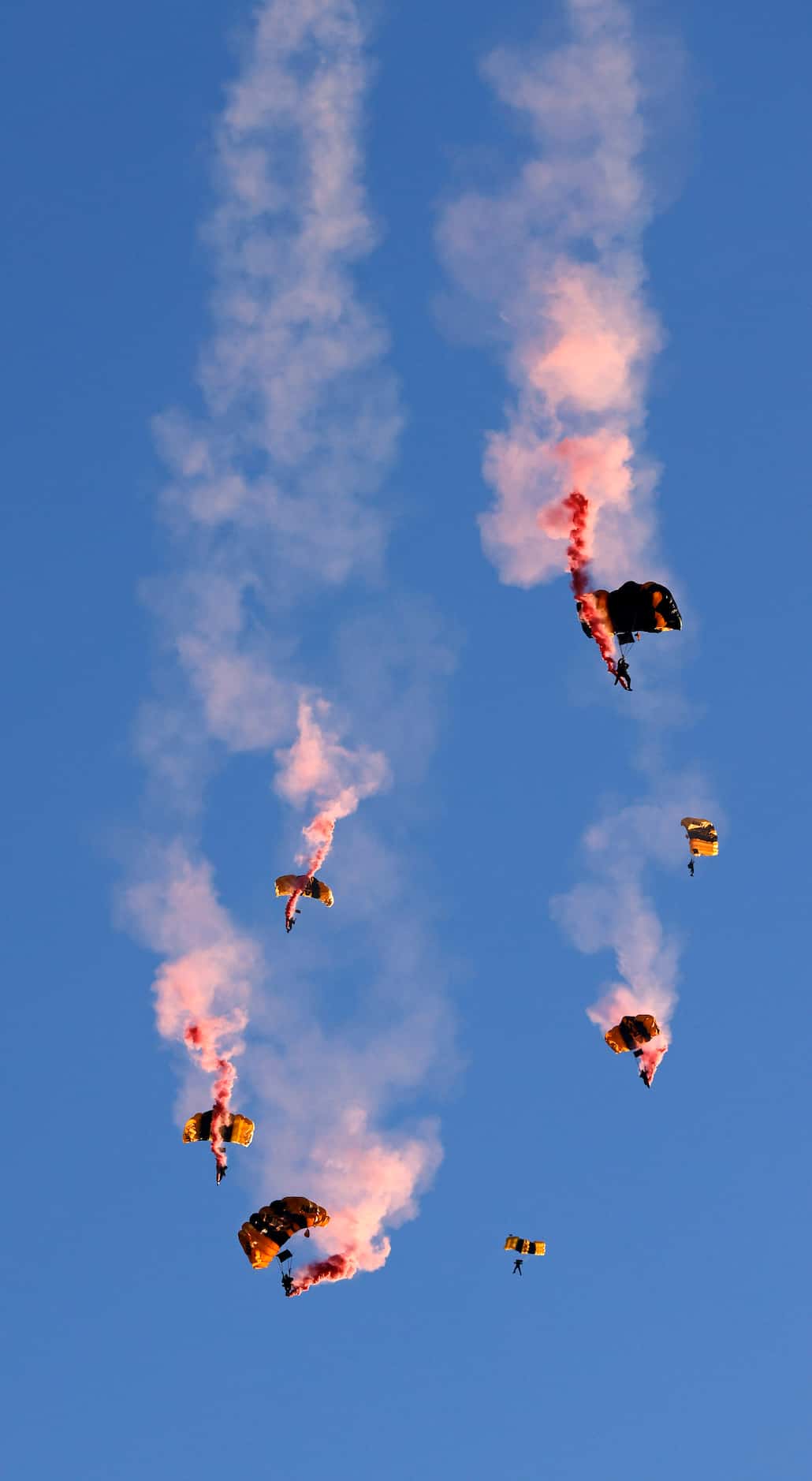 Members of the Army Golden Knights parachute team peform a jump with the Texas flag  before...