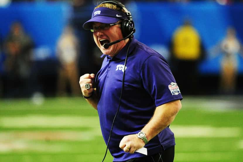 ATLANTA, GA - DECEMBER 31:  Head coach Gary Patterson of the TCU Horned Frogs recats in the...