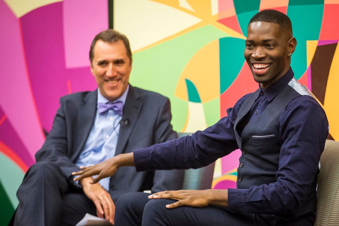 Playwright Tarell Alvin McCraney (right) talks with Dallas Morning News editor Mike Wilson...