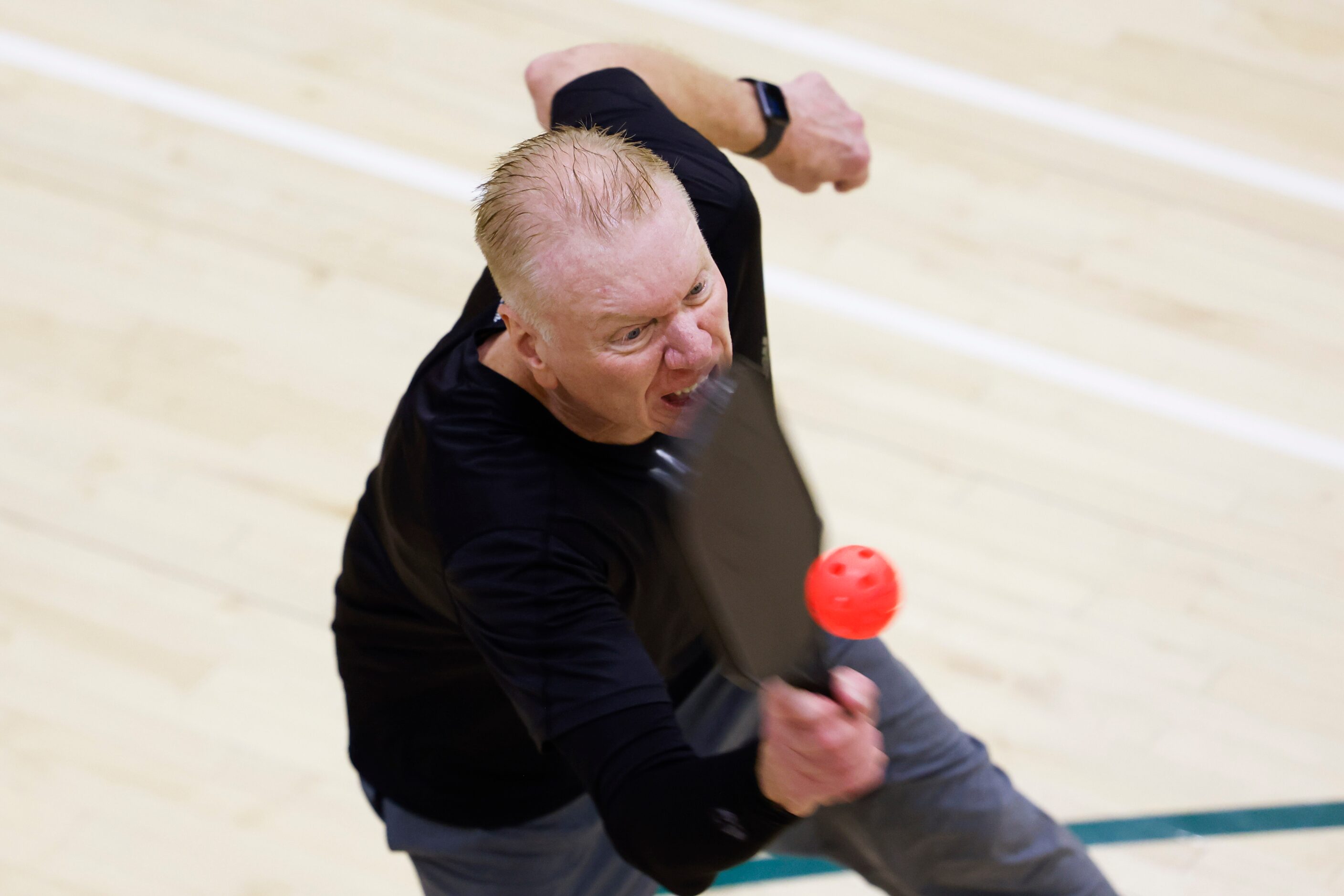 Steve Lawson of Plano hits during a pickle ball game on Friday, May 26, 2023 at Tom...