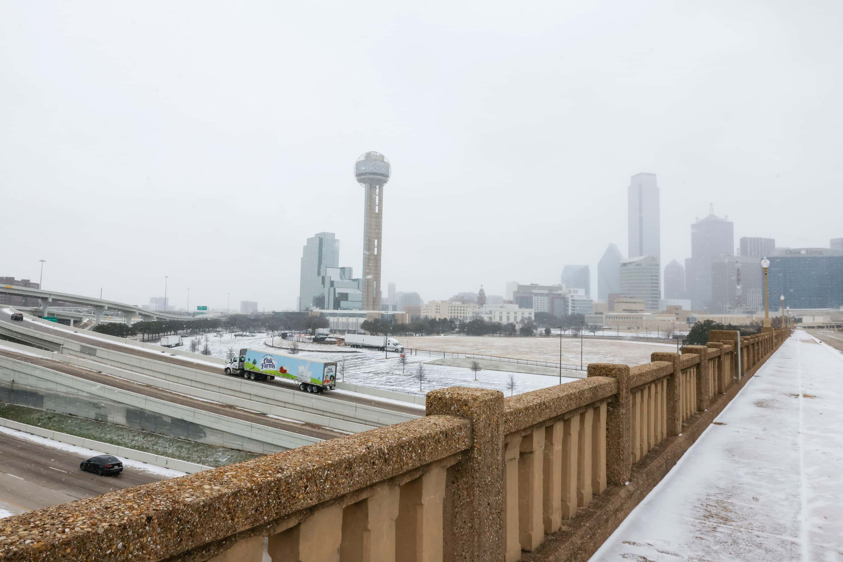 A view of downtown from the Houston St Viaduct as sleet falls on Monday, Jan. 15, 2024 in...