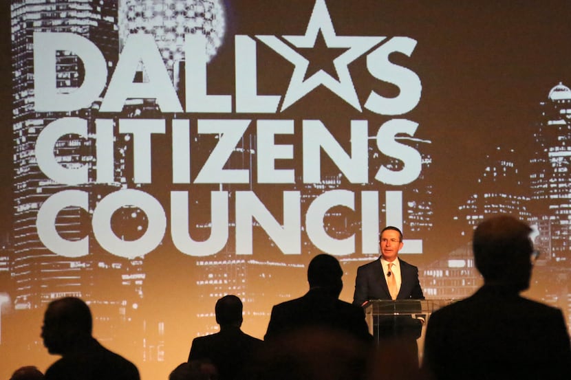Chairman of the Dallas Citizens Council Clint McDonnough greets the crowd at the Dallas...