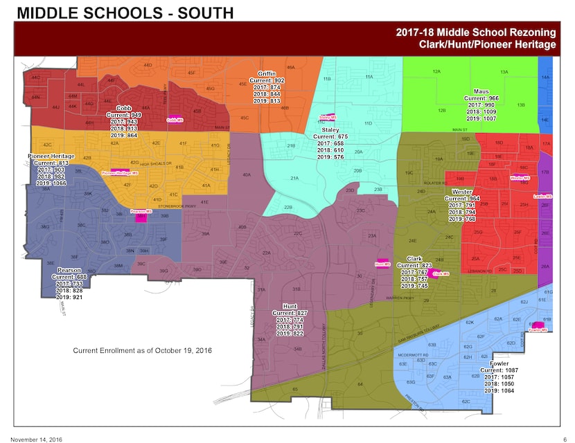 Students in neighborhoods 35, 64 and 65 along the Sam Rayburn Tollway would shift from Hunt...