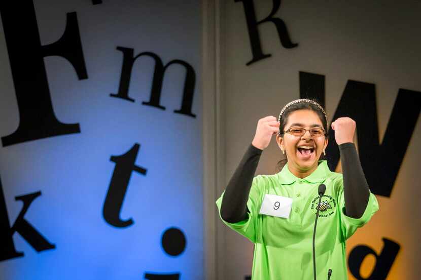  Smrithi Upadhyayula, 13, from Coppell Middle School West, reacted after correctly spelling...