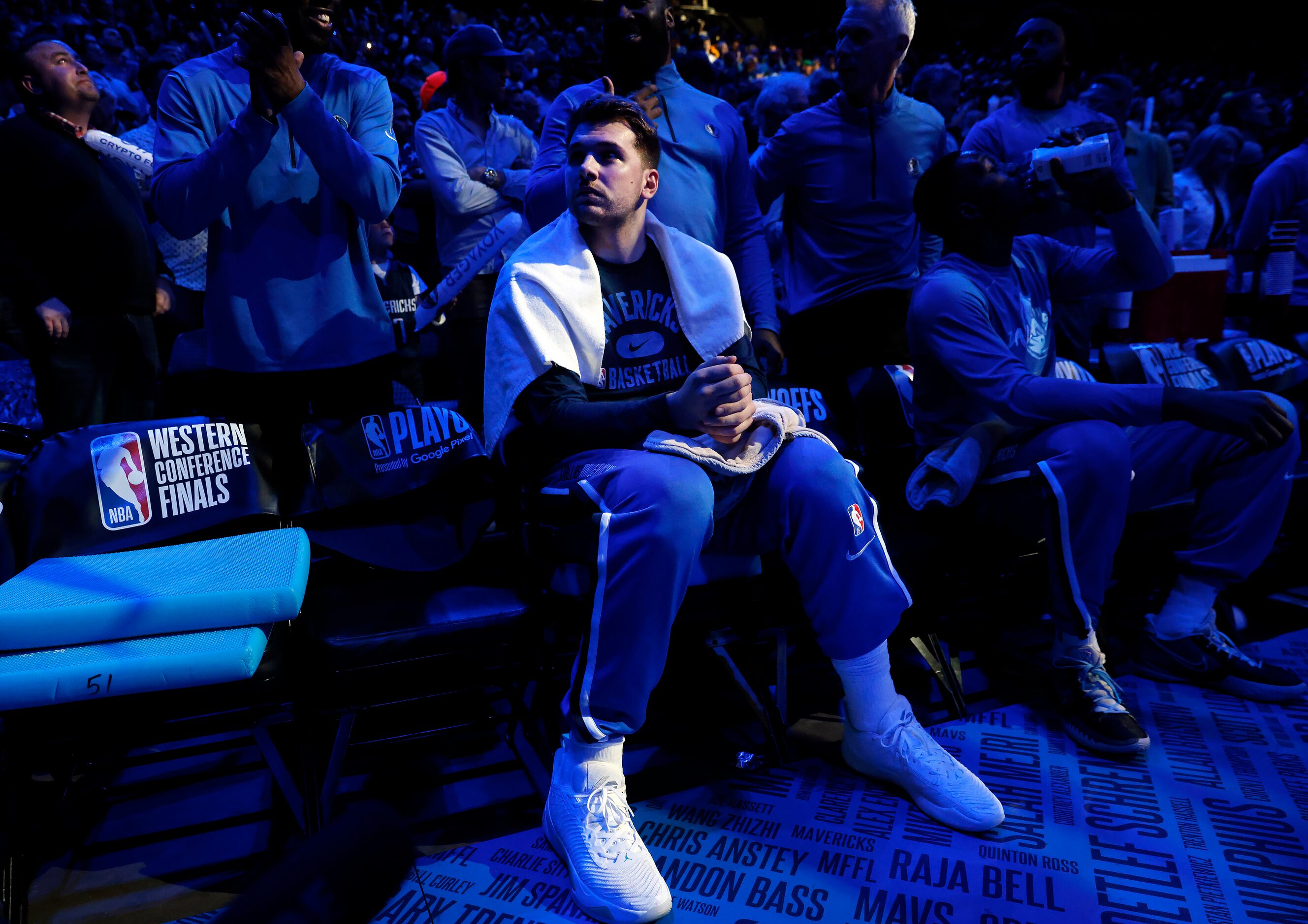 Dallas Mavericks guard Luka Doncic (77) waits to be introduced before Game 3 of the NBA...