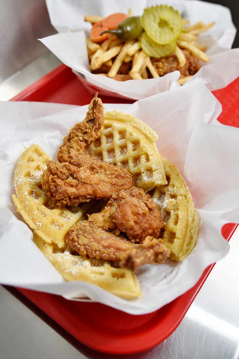 Hall's Honey Fried Chicken offers baskets of two-piece chicken and waffles and two-piece...