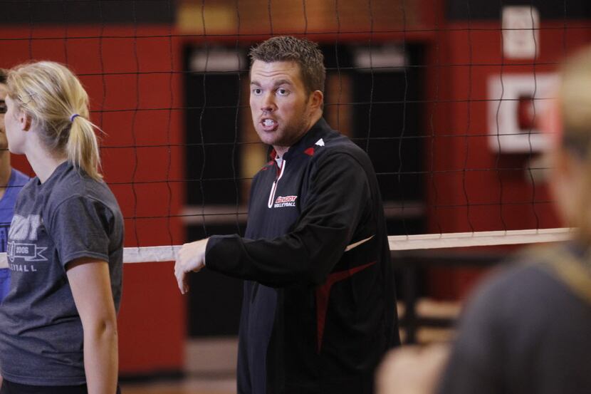 Lovejoy volleyball coach Ryan Mitchell coaches during their practice at Lovejoy High School...
