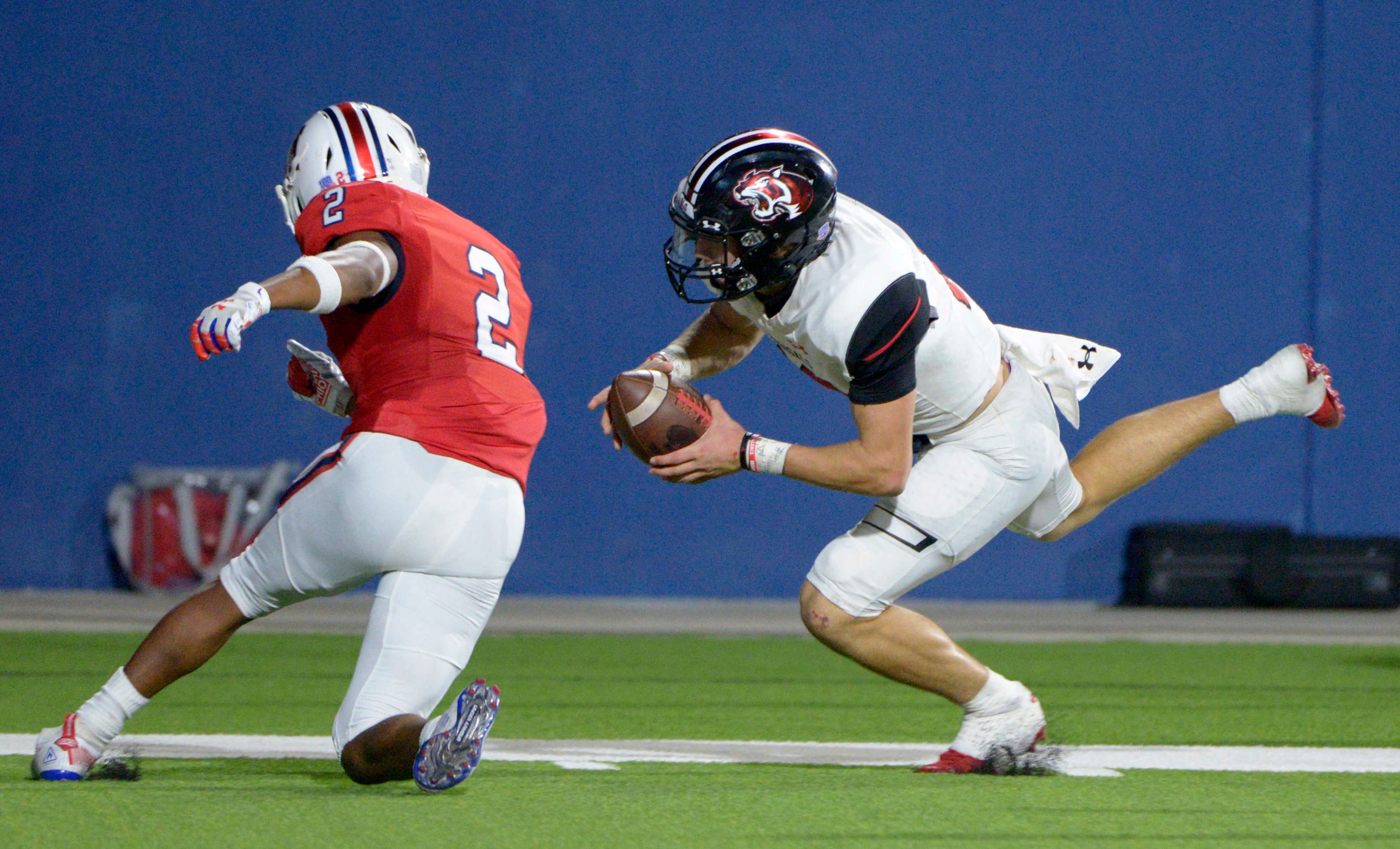 Denton Braswell’s Tristan McClary drives toward the end zone as McKinney Boyd’s Ty Bolden...