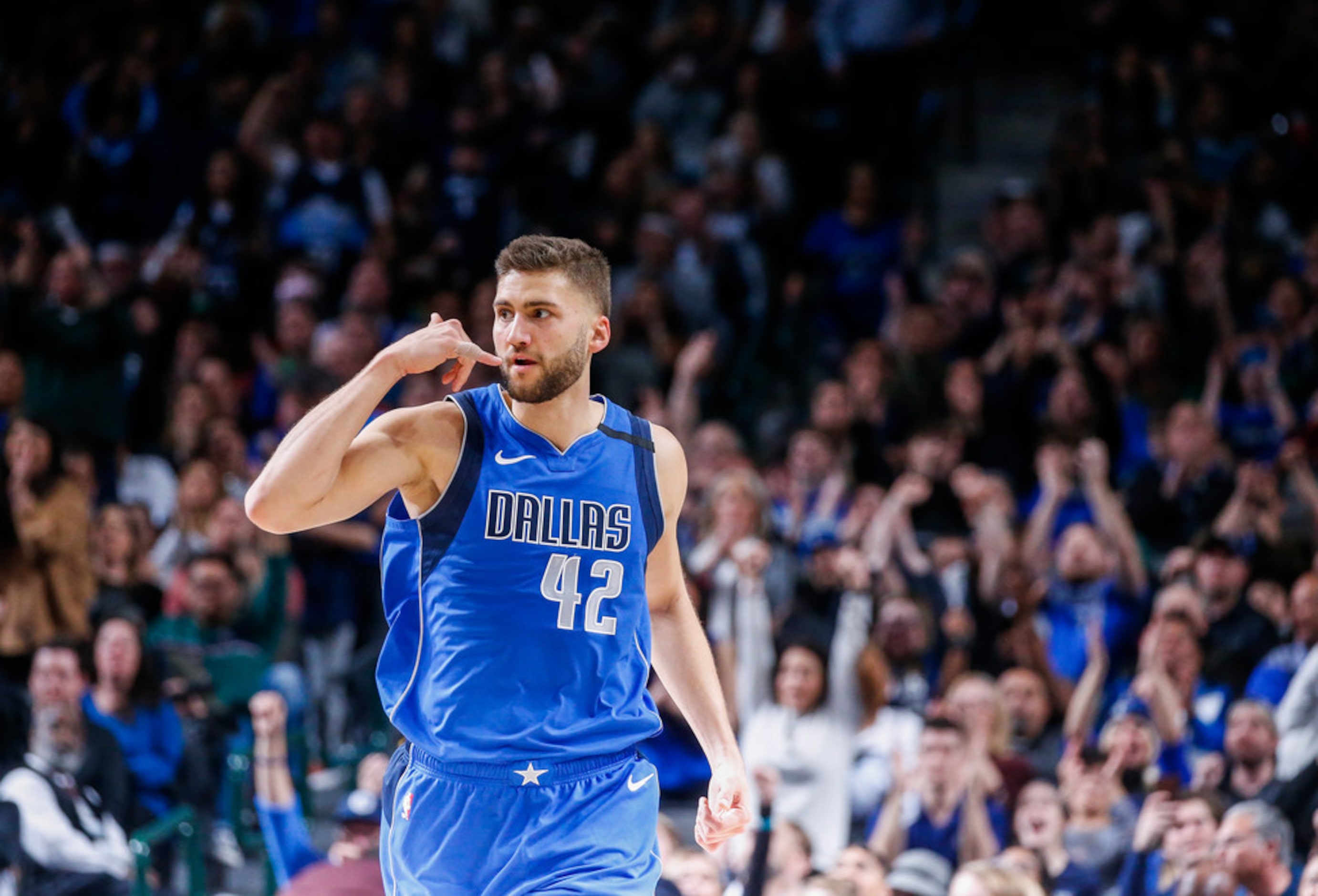 Dallas Mavericks forward Maxi Kleber (42) celebrates scoring during overtime in a NBA...