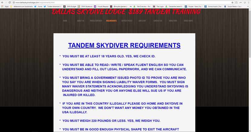 Screenshot of Skydive Tandem Greenville's rules on its website. The company is also referred...