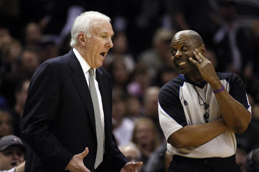 Mar 2, 2014; San Antonio, TX, USA; San Antonio Spurs head coach Gregg Popovich argues a call...