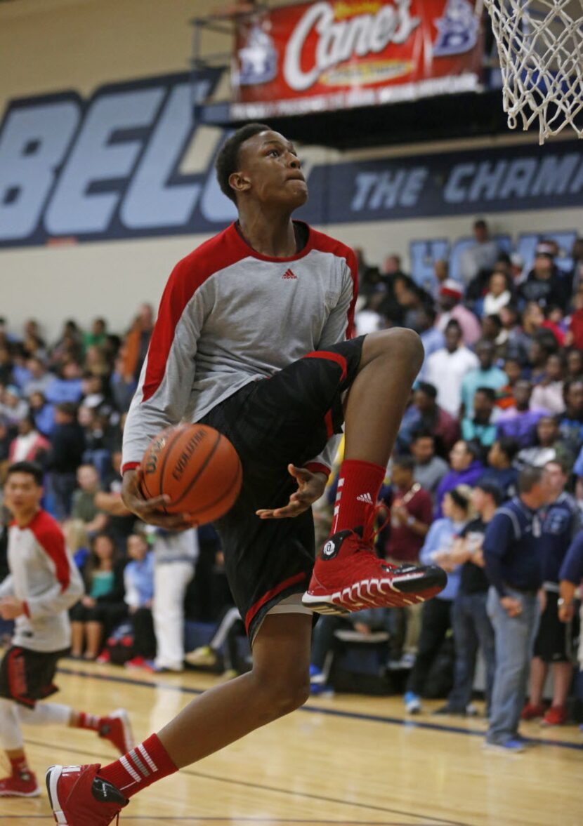 Euless Trinity Myles Turner warms up prior to their high school boys basketball game held at...