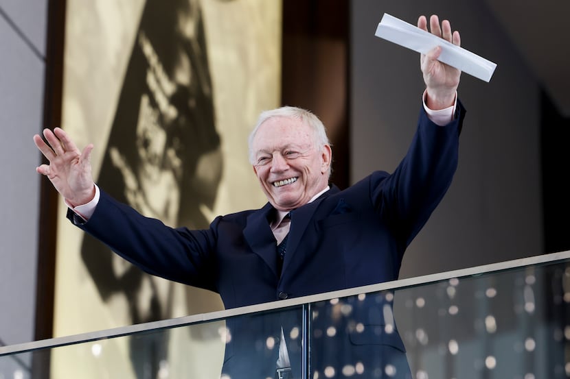 Dallas Cowboys owner Jerry Jones cheers as he says “hello my subjects” ahead of a press...
