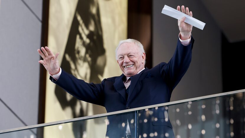 Dallas Cowboys owner Jerry Jones cheers as he says “hello my subjects” ahead of a press...