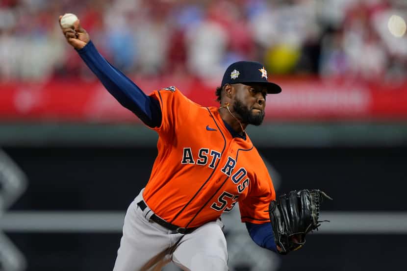 Houston Astros starting pitcher Cristian Javier throws during the first inning in Game 4 of...