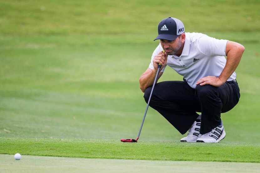 Sergio Garcia lines up a putt on the sixth hole during round 2 of the AT&T Byron Nelson on...
