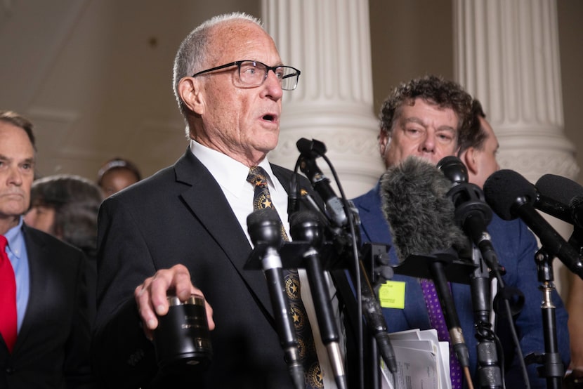 Texas Sen. Bob Hall speaks to members of the press at the end of day 10 of Texas Attorney...