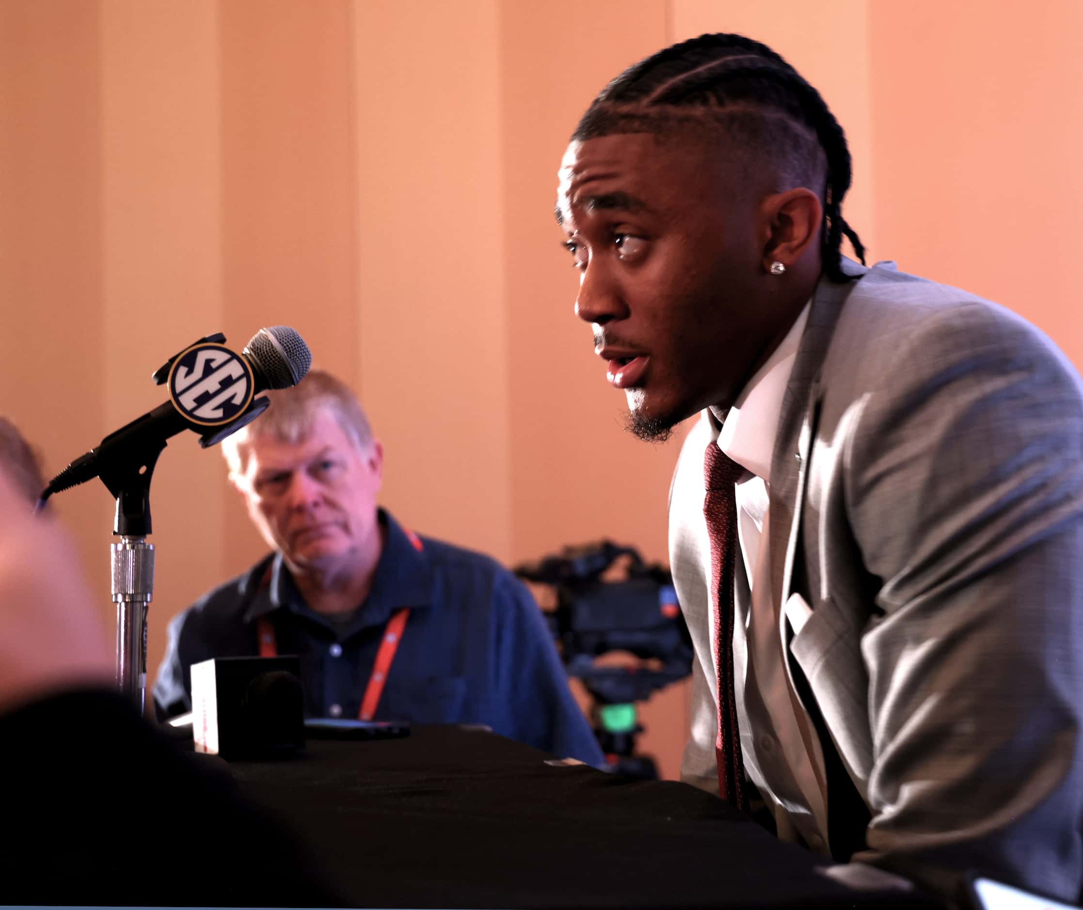 Texas A&M linebacker Taurean York listens intently to a question from a media member during...
