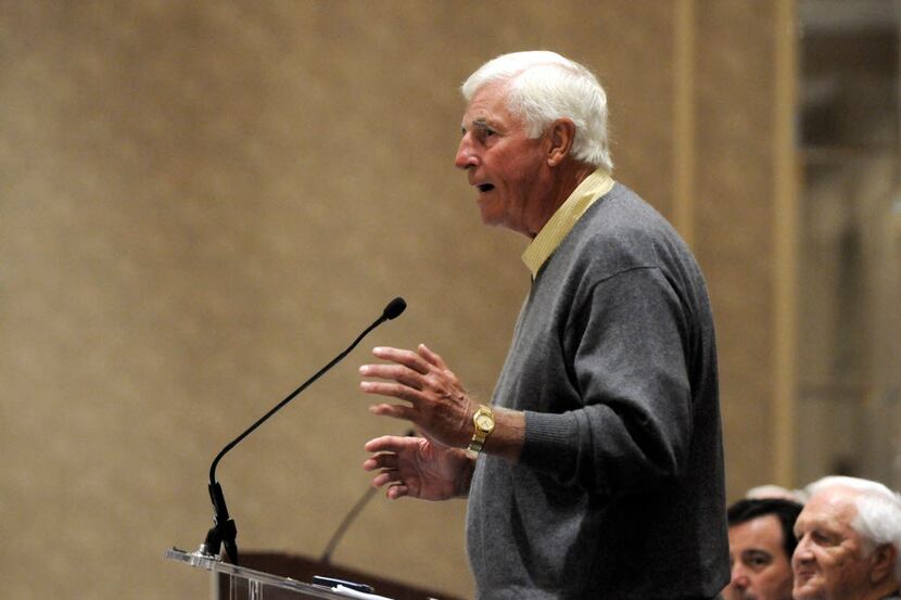 Former Texas Tech basketball coach Bob Knight, tells a story as he give s a speech at the...