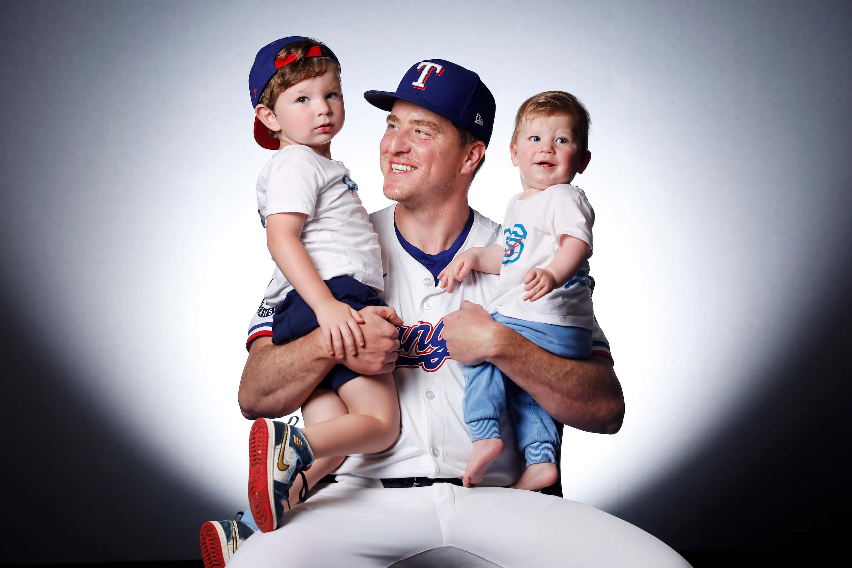 Texas Rangers Josh Sborz pictured with his  children Werth (left) and Shepard at Globe Life...