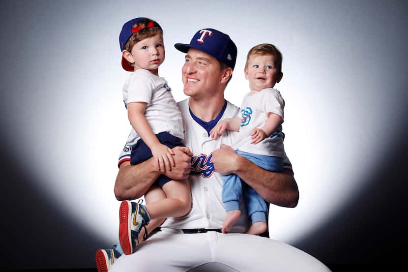 Texas Rangers Josh Sborz pictured with his children Werth (left) and Shepard at Globe Life...