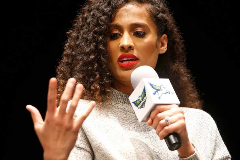 Dallas Wings player Skylar Diggins-Smith answers questions in the Q&A session during the...