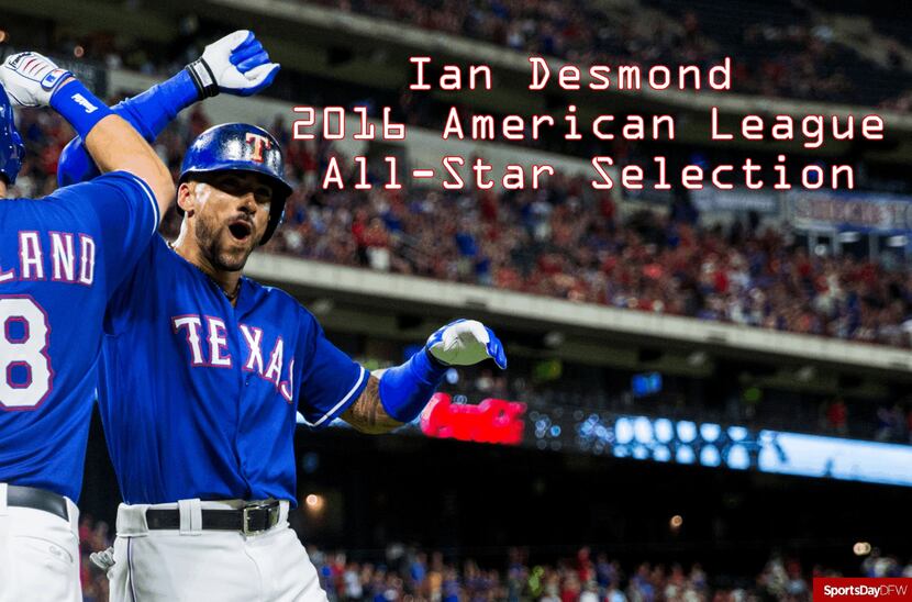 Texas Rangers center fielder Ian Desmond (20) celebrates a home run with first baseman Mitch...