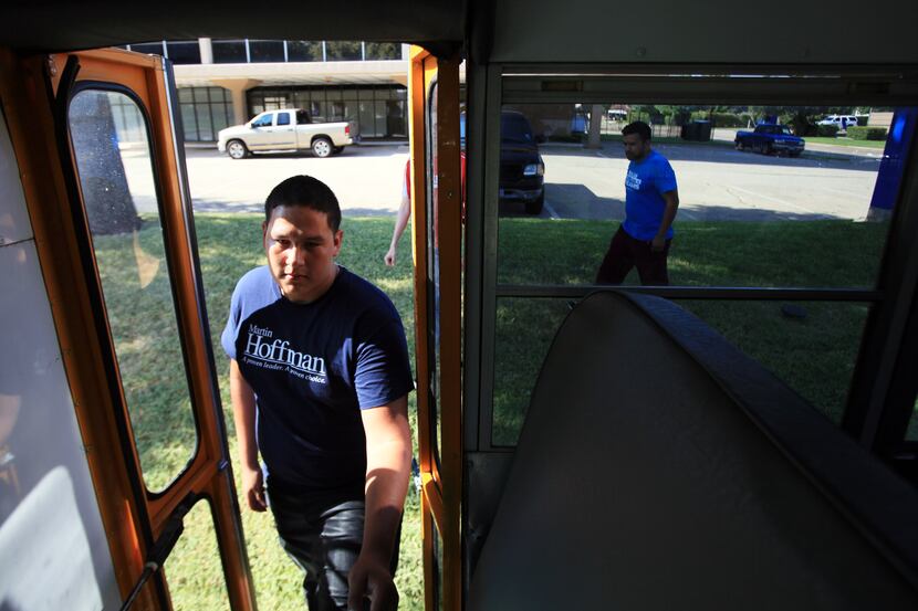 North Texas dreamer and UT-Arlington student Leonardo Castro, 21,  enters a school bus being...