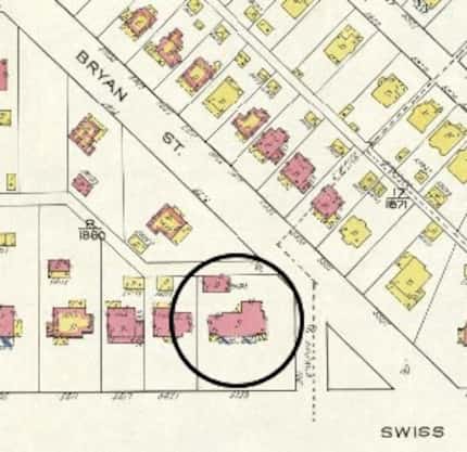 A section of the 1922 Sanborn Fire Insurance Map of Dallas with the Greer House (5439 Swiss...