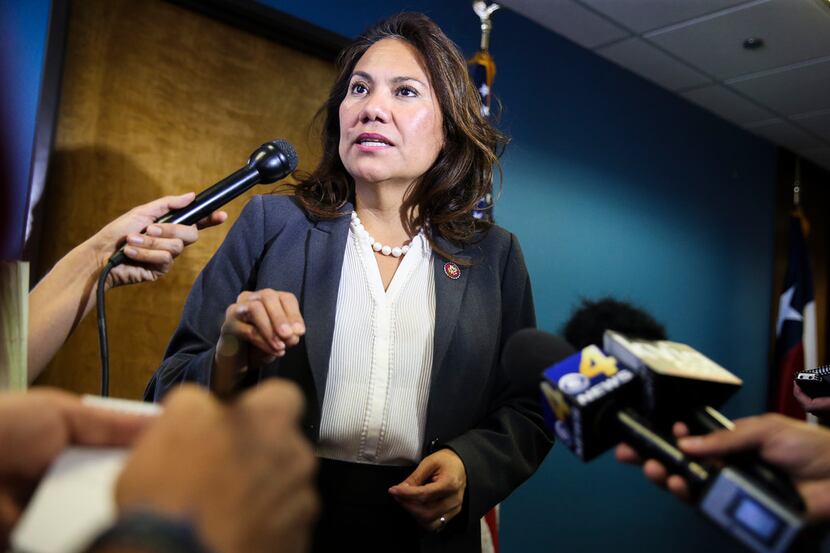Rep. Veronica Escobar, D-El Paso, shown speaking to the media in March 2019, and nine other...