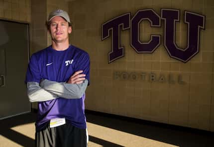 FILE - TCU offensive coordinator Sonny Cumbie poses for a photograph on Friday, Aug. 4,...