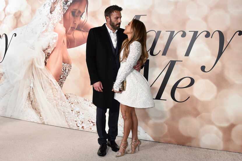 "Marry Me" cast member Jennifer Lopez (right) and Ben Affleck attended a screening of the...