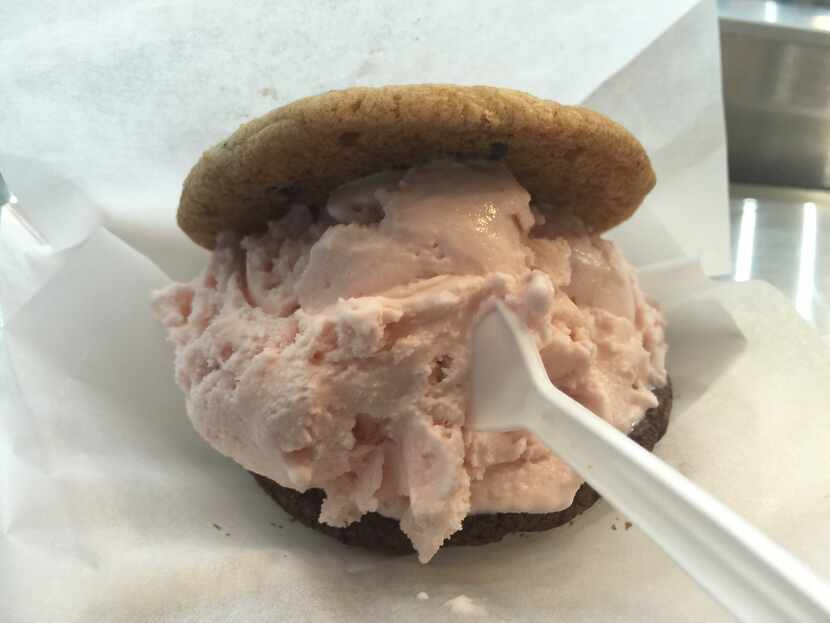 A strawberries-and-cream ice cream sandwich at Coolhaus