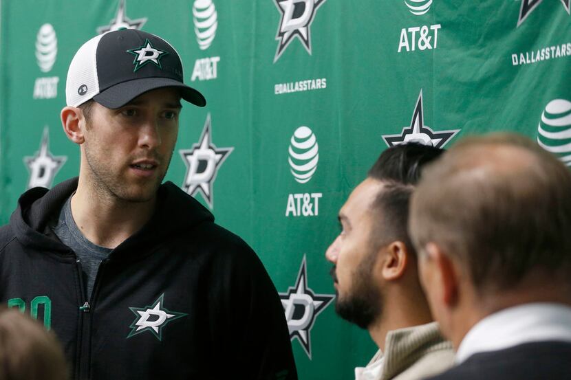 Dallas Stars goaltender Ben Bishop (30) answers questions from the media during Dallas Stars...
