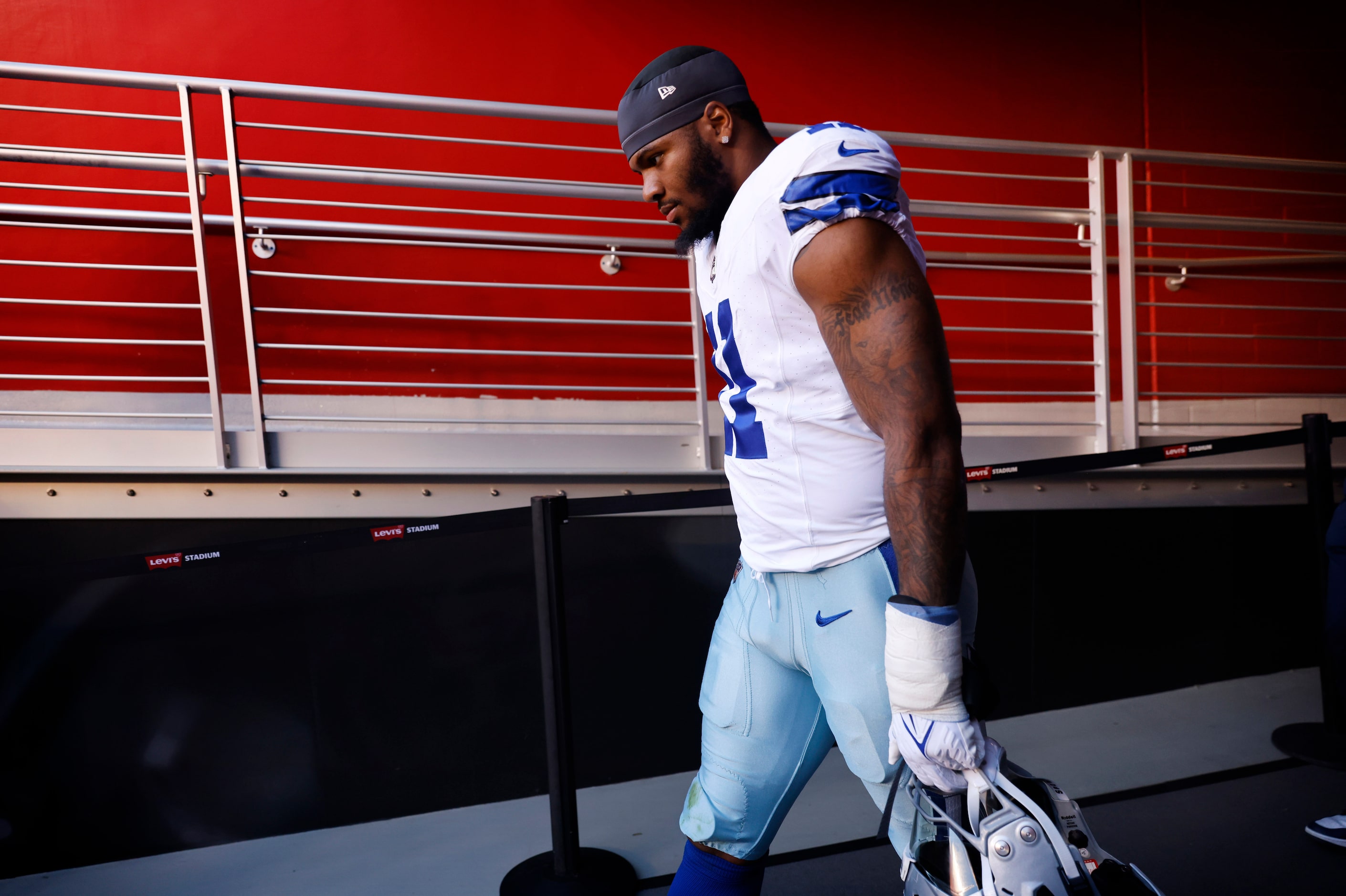 Dallas Cowboys linebacker Micah Parsons (11) is the last to walk the tunnel as the team is...