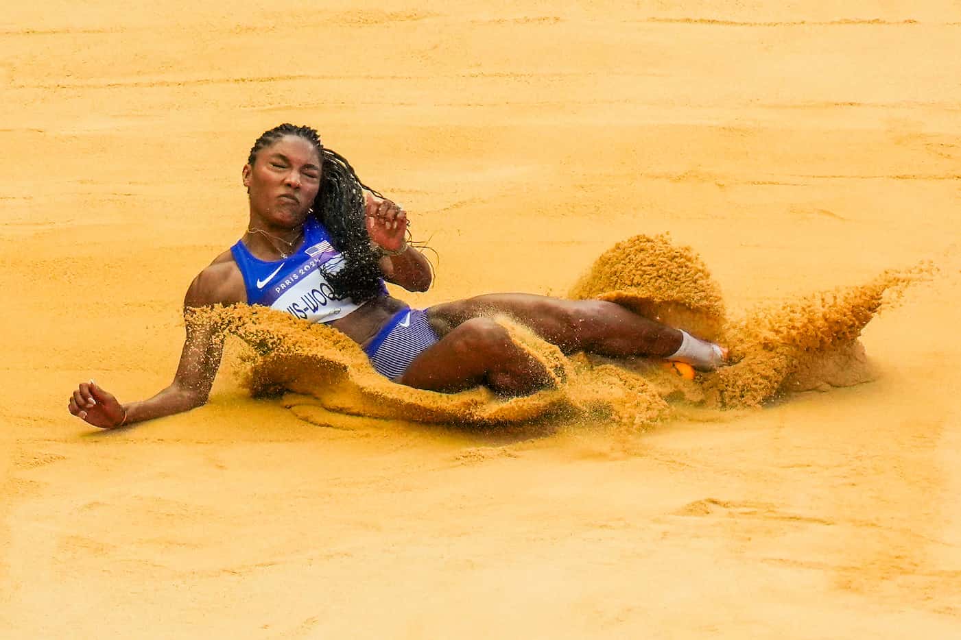Tara Davis-Woodhall of the United States competes in women’s long jump qualification at the...