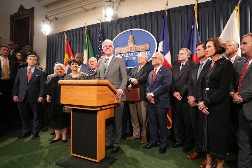 Lt. Gov. Dan Patrick speaks at a news conference after the property tax relief bill SB 26...