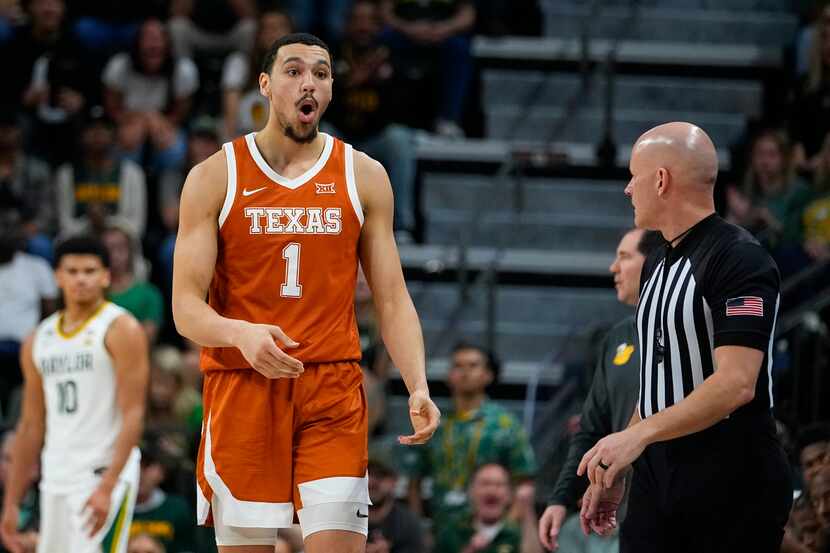 Texas's Dylan Disu (1) reacts after being called for a technical foul after scoring a...