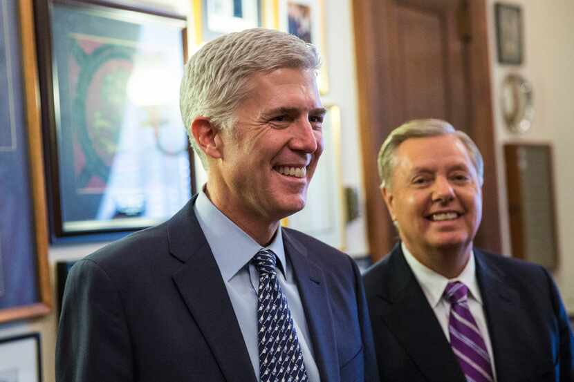 Judge Neil Gorsuch, the Supreme Court nominee, meets with Sen. Lindsey Graham (R-S.C.) on...