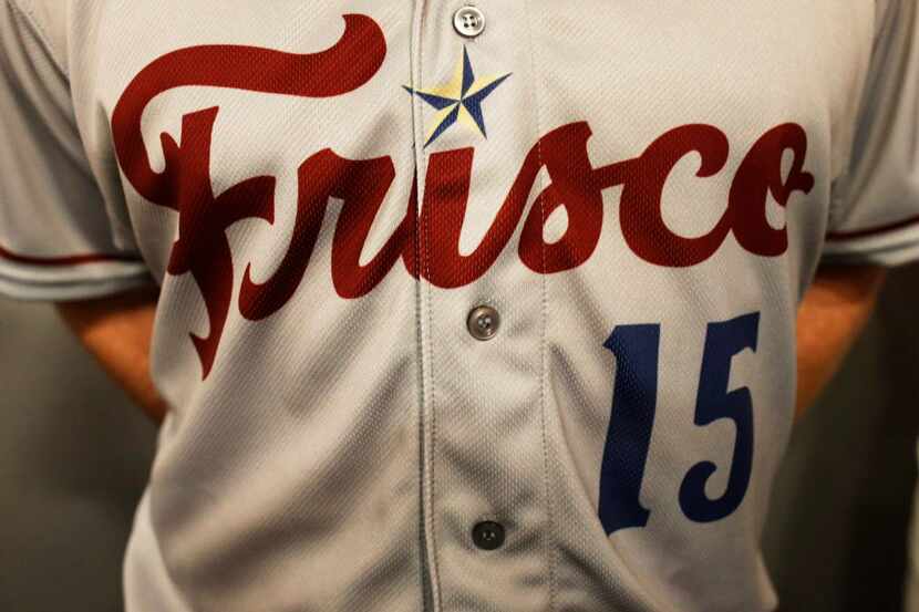 Detail of the front of the uniform of Logan Brown dressed in the away uniform at the Frisco...
