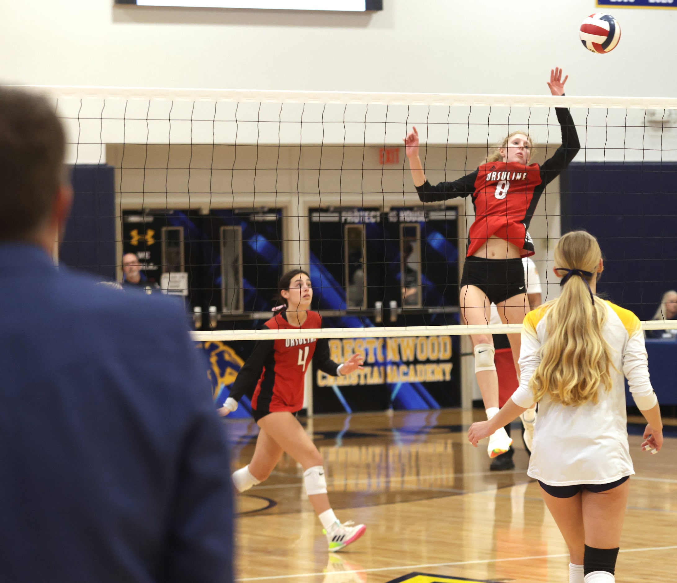 Ursuline player #8 Katie Rakoski jumps for the ball during the Ursuline Academy of Dallas...